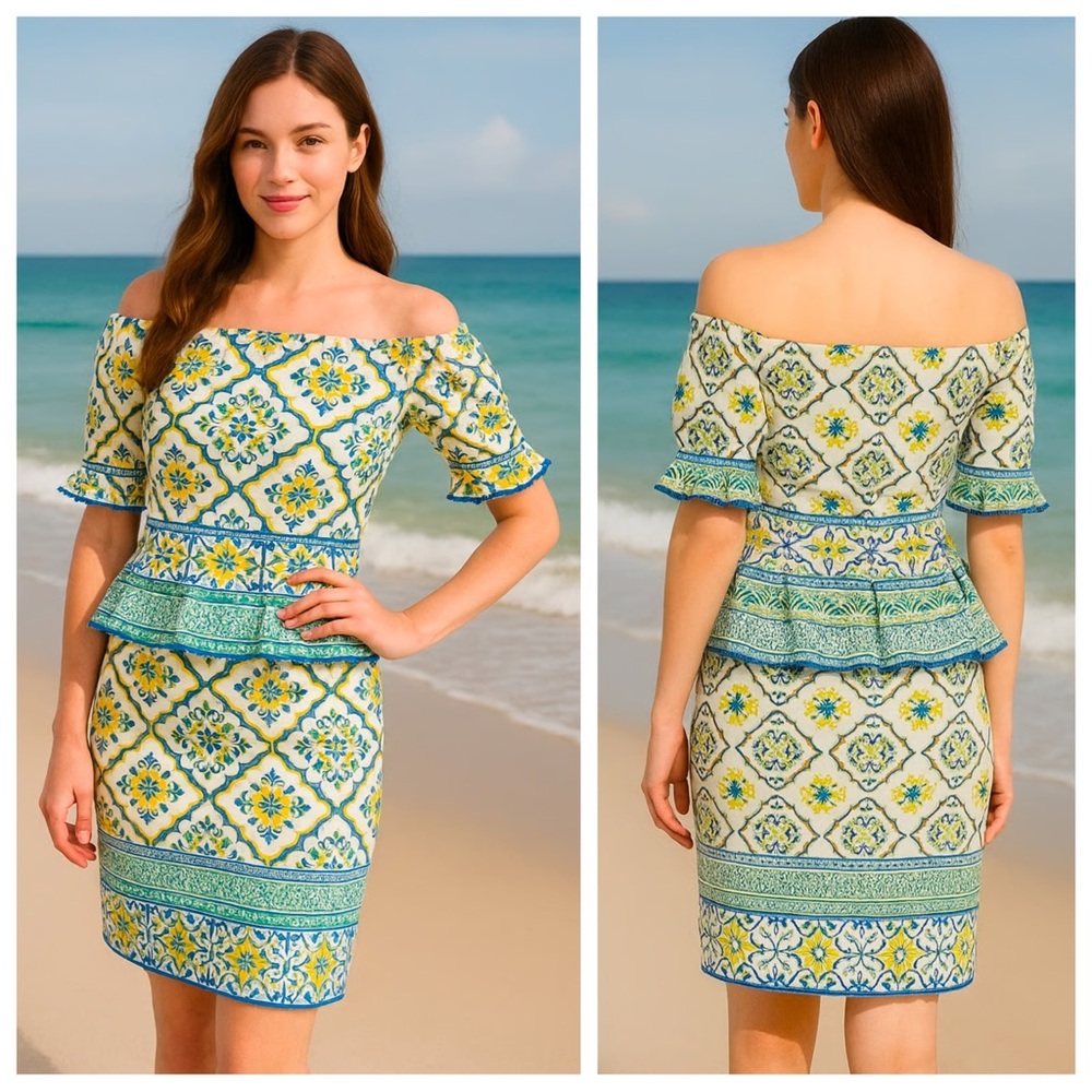 Antonio Melani Tile Print Set Shoulder Peplum Top & Skirt